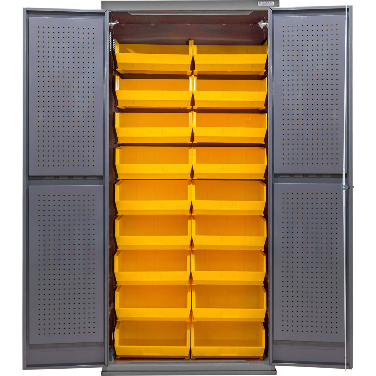 E-Locking Configurable Pegboard Cabinet, 36"W x 24"D x 78"H, 18 Yellow Bins