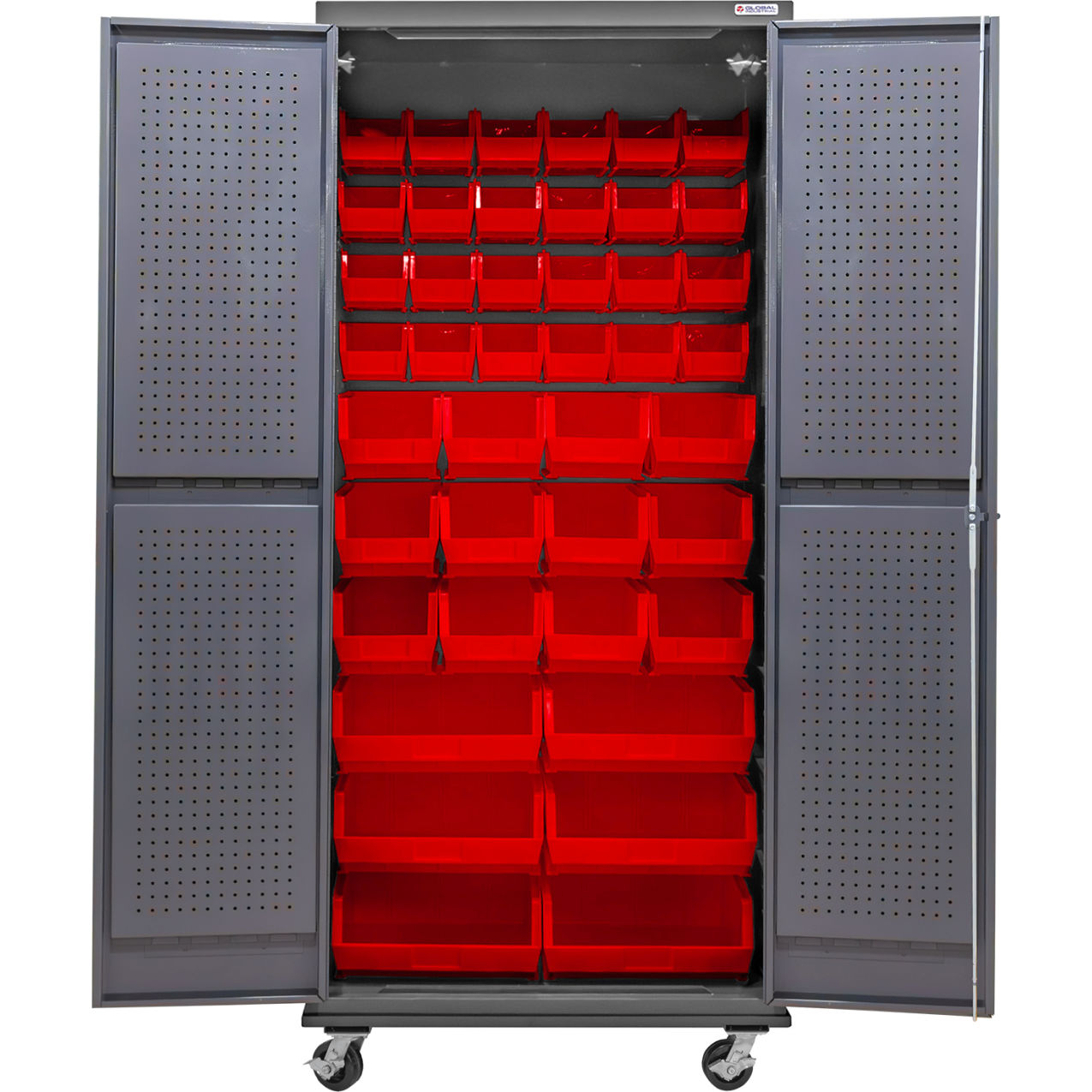 E-Locking Configurable Mobile Pegboard Cabinet, 36"W x 24"D x 85"H, 42 Red Bins