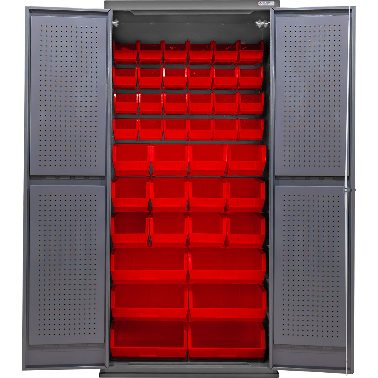 E-Locking Configurable Pegboard Cabinet, 36"W x 24"D x 78"H, 42 Red Bins