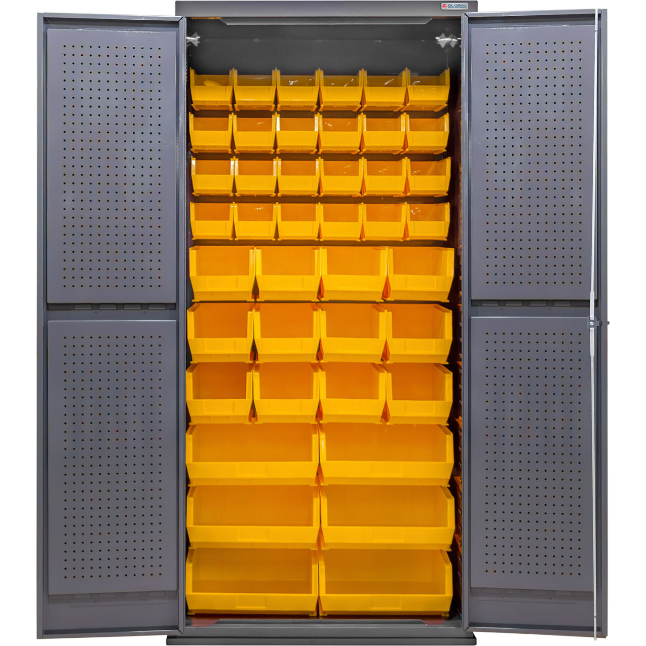 E-Locking Configurable Pegboard Cabinet, 36"W x 24"D x 78"H, 42 Yellow Bins