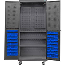 E-Locking Configurable Mobile Pegboard Cabinet, 36x24x85, 3 Shelves, 48 Blue Bins
