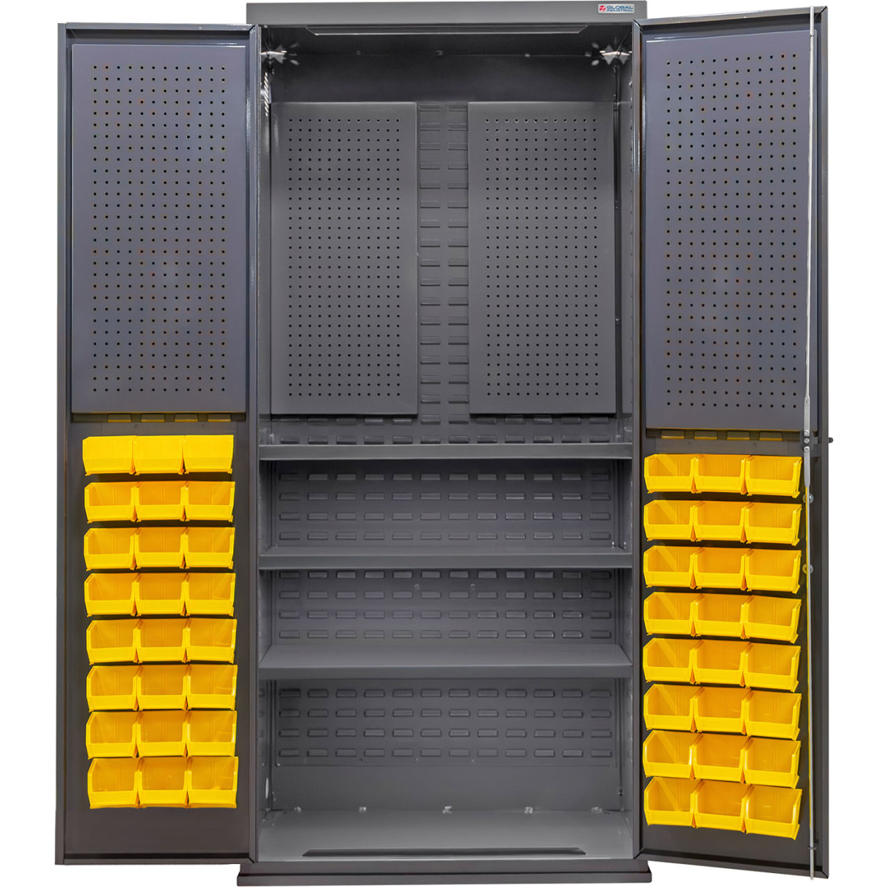 E-Locking Configurable Pegboard Cabinet, 36"Wx24"Dx78"H, 3 Shelves, 48 YLW Bins