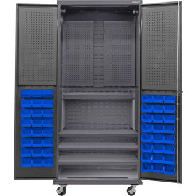 E-Locking Configurable Mobile Pegboard Cabinet, 36x24x85, 4 Shelves, 48 Blue Bins