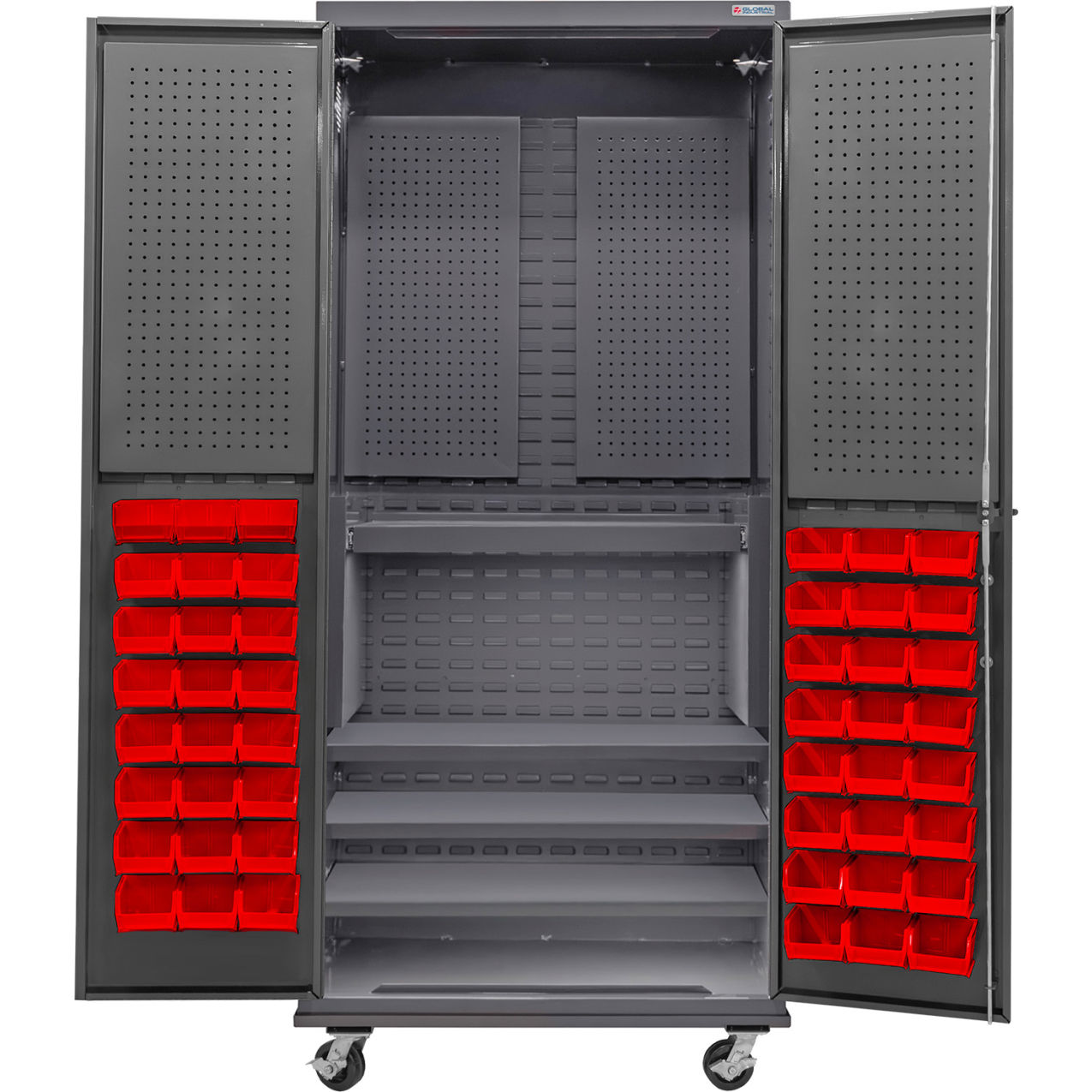 E-Locking Configurable Mobile Pegboard Cabinet, 36x24x85, 4 Shelves, 48 Red Bins