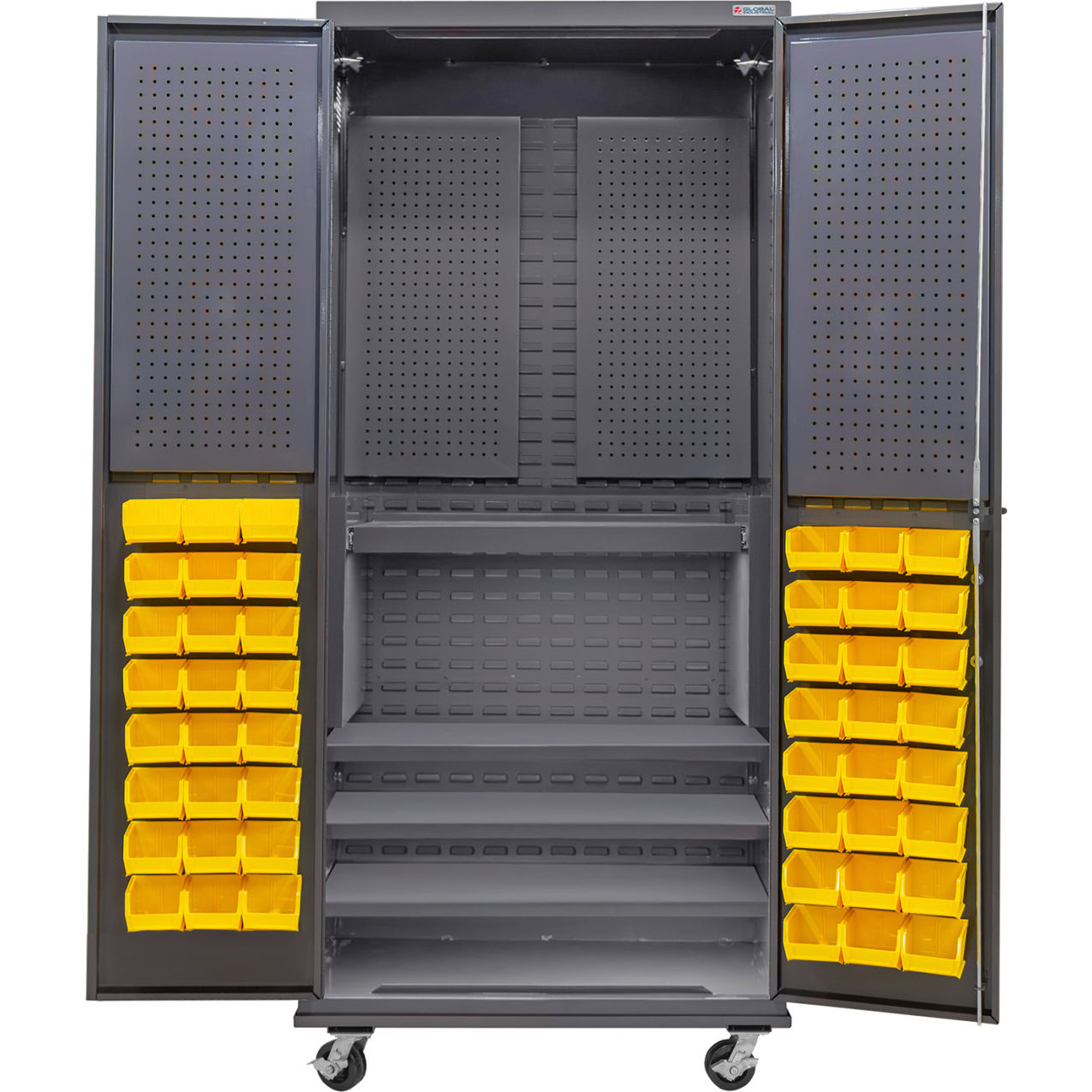 E-Locking Configurable Mobile Pegboard Cabinet, 36x24x85, 4 Shelves, 48 YLW Bins