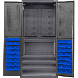 E-Locking Configurable Pegboard Cabinet, 36"Wx24"Dx78"H, 4 Shelves, 48 Blue Bins