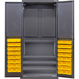 E-Locking Configurable Pegboard Cabinet, 36"Wx24"Dx78"H, 4 Shelves, 48 YLW Bins