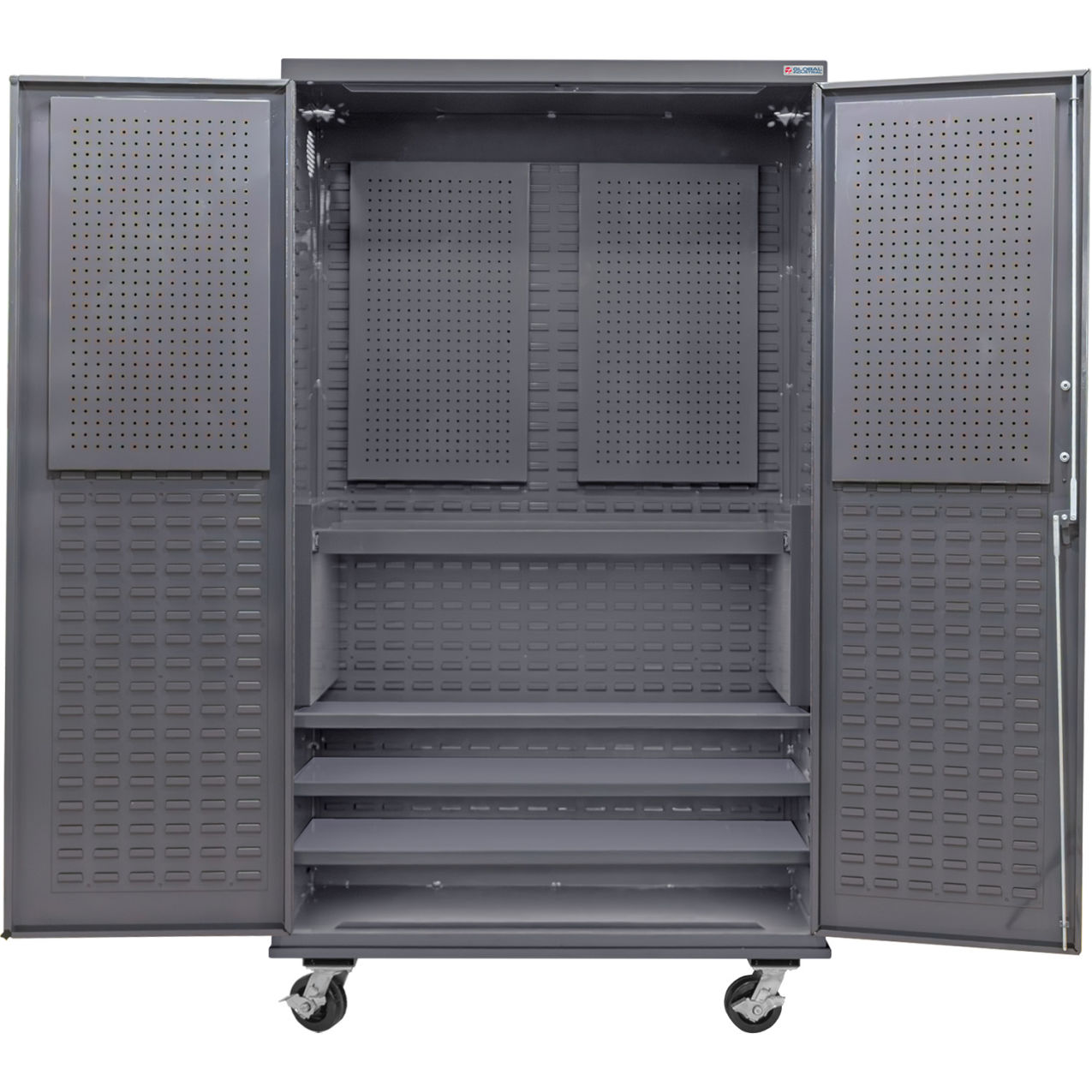 E-Locking Configurable Mobile Pegboard Cabinet, 48"W x 24"D x 85"H, 4 Shelves