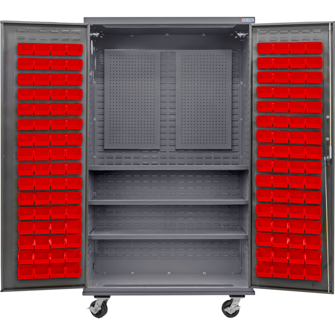 E-Locking Configurable Mobile Pegboard Cabinet, 48x24x85, 3 Shelves, 120 Red Bins