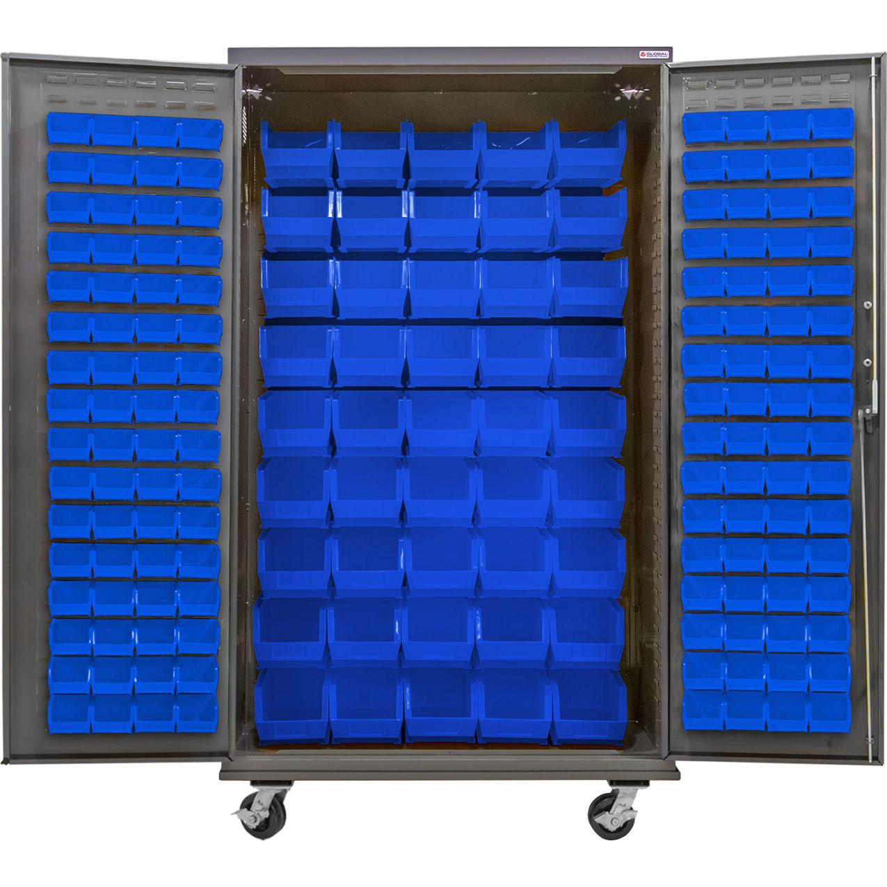 E-Locking Configurable Mobile Pegboard Cabinet, 48"Wx24"Dx85"H, 48 Blue Bins