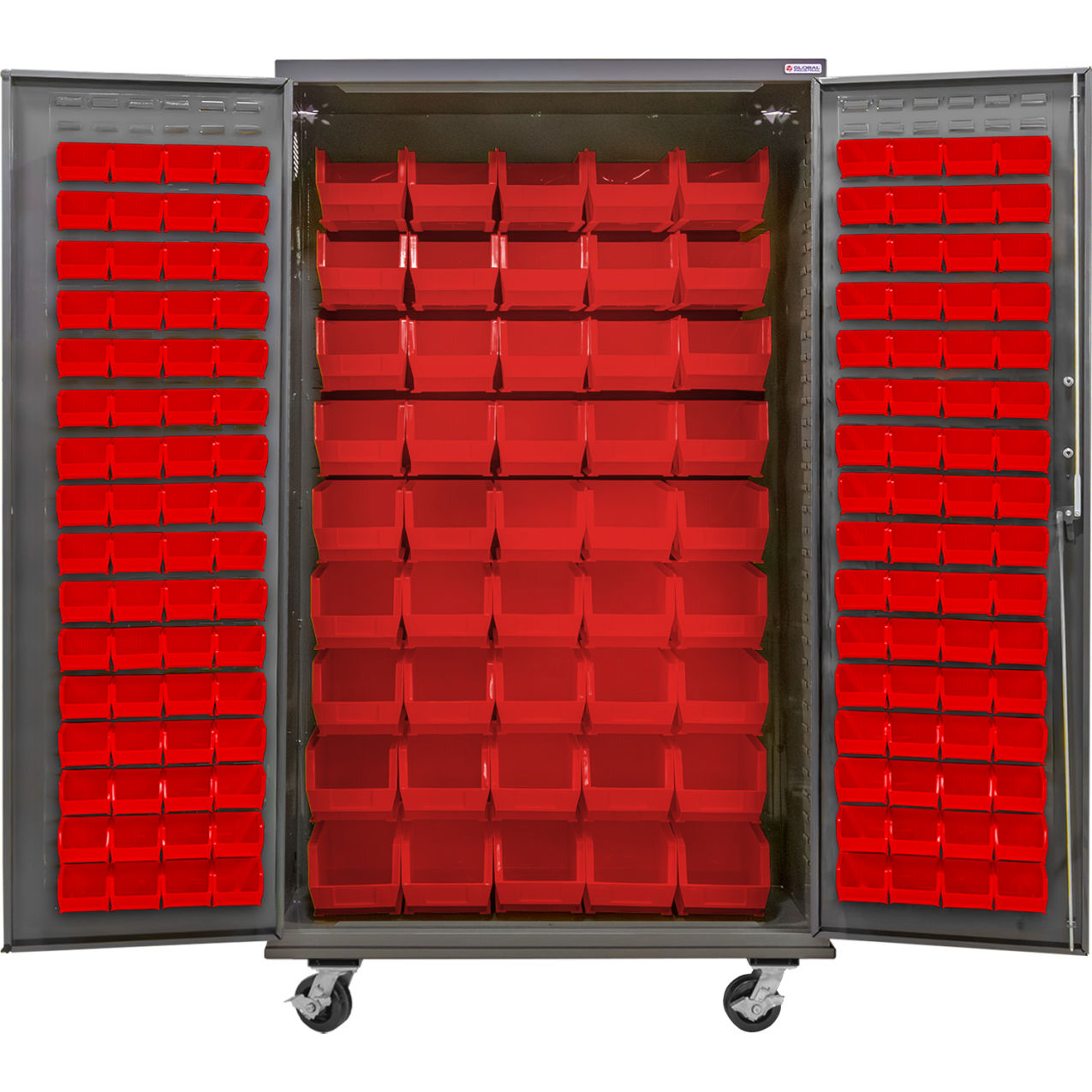 E-Locking Configurable Mobile Pegboard Cabinet, 48"Wx24"Dx85"H, 48 Red Bins