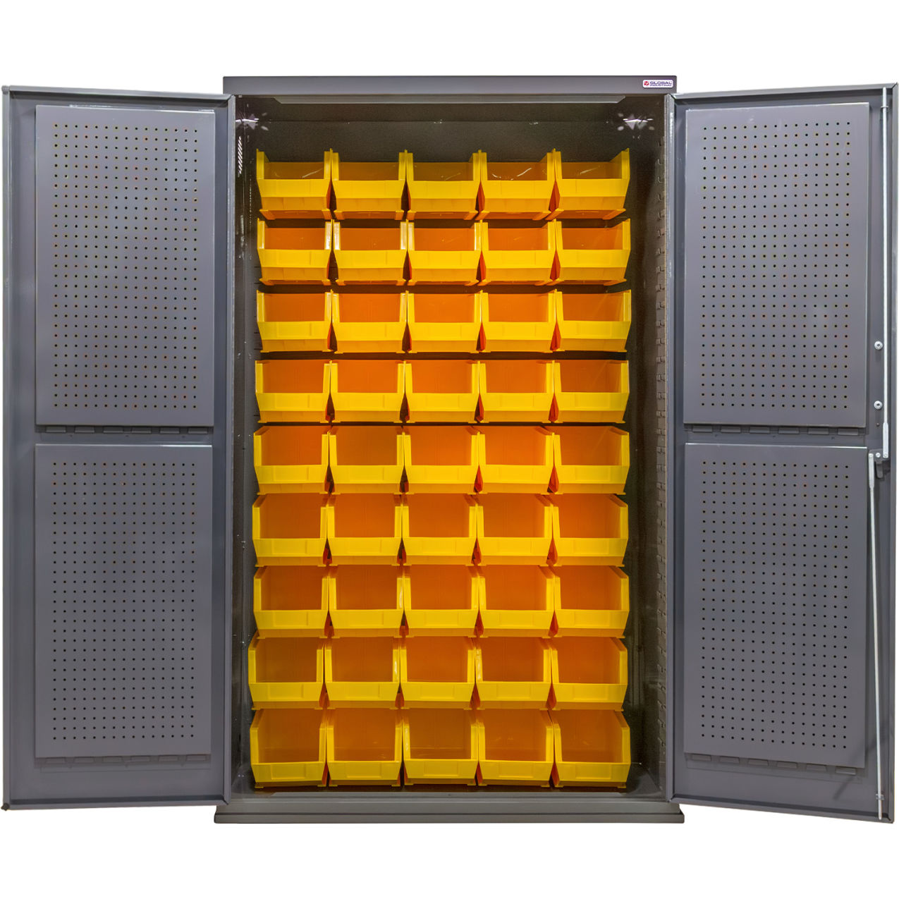E-Locking Configurable Pegboard Cabinet, 48"W x 24"D x 78"H, 48 Yellow Bins