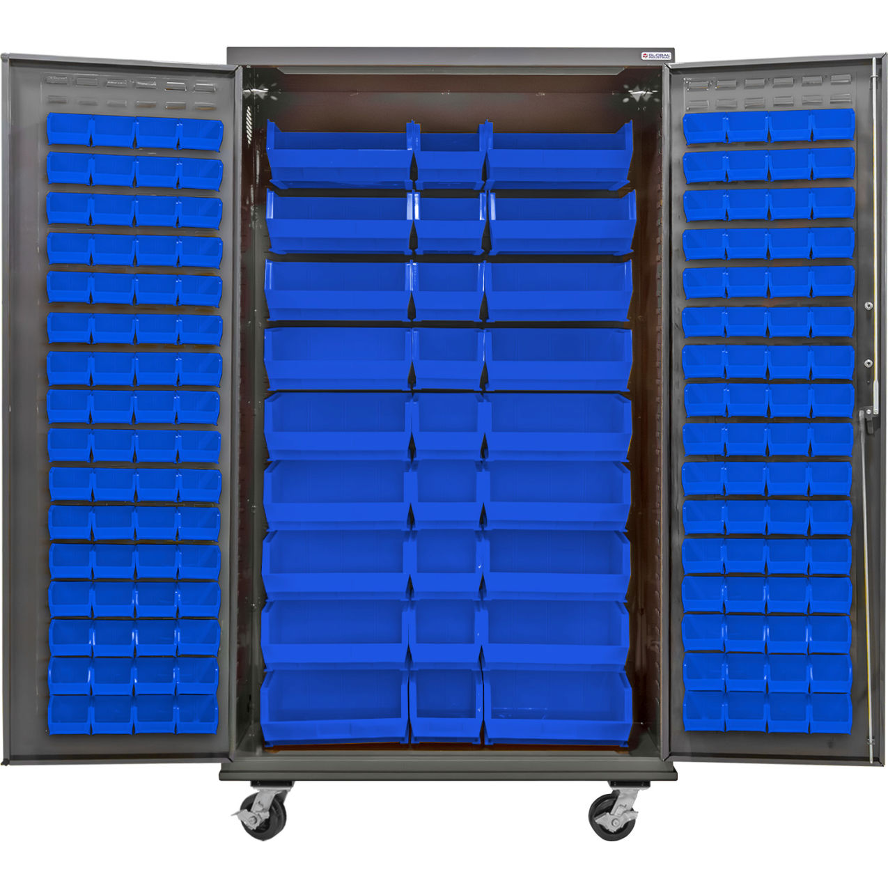 E-Locking Configurable Mobile Pegboard Cabinet, 48"Wx24"Dx85"H, 30 Blue Bins