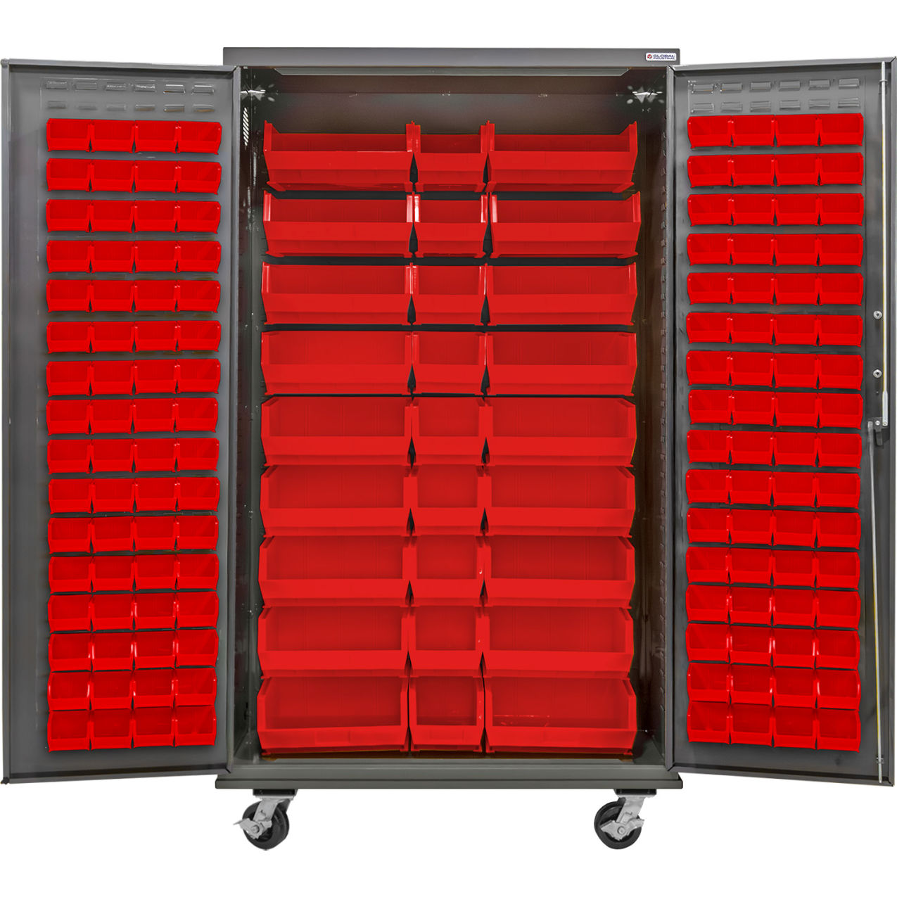 E-Locking Configurable Mobile Pegboard Cabinet, 48"Wx24"Dx85"H, 30 Red Bins