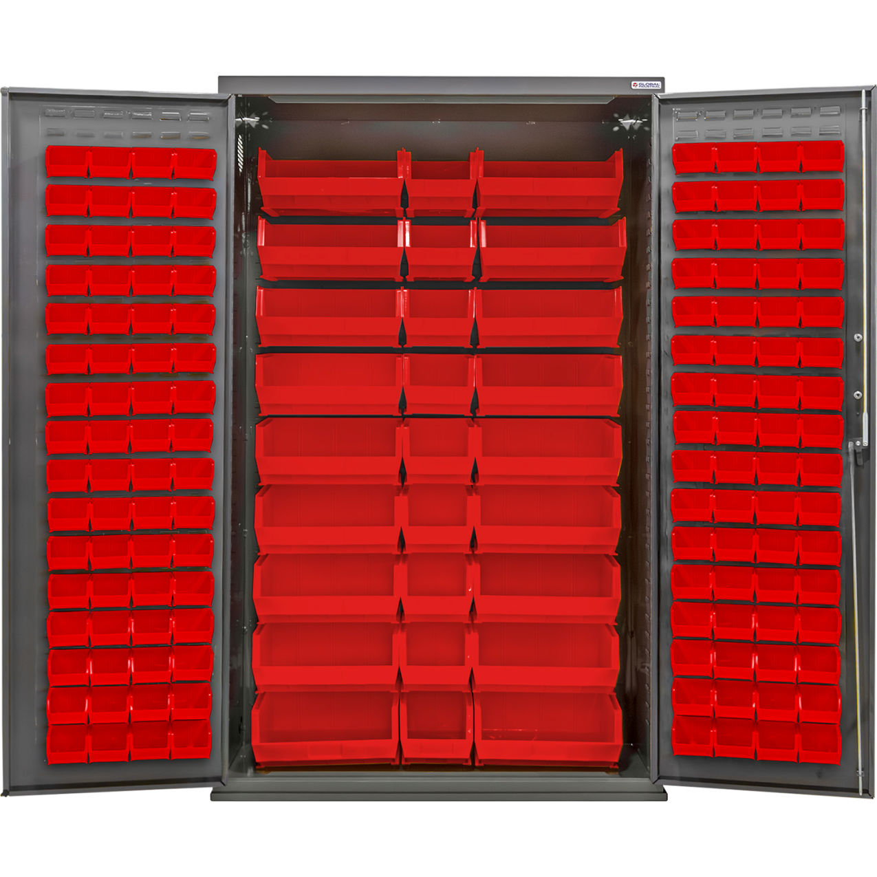 E-Locking Configurable Pegboard Cabinet, 48"W x 24"D x 78"H, 30 Red Bins