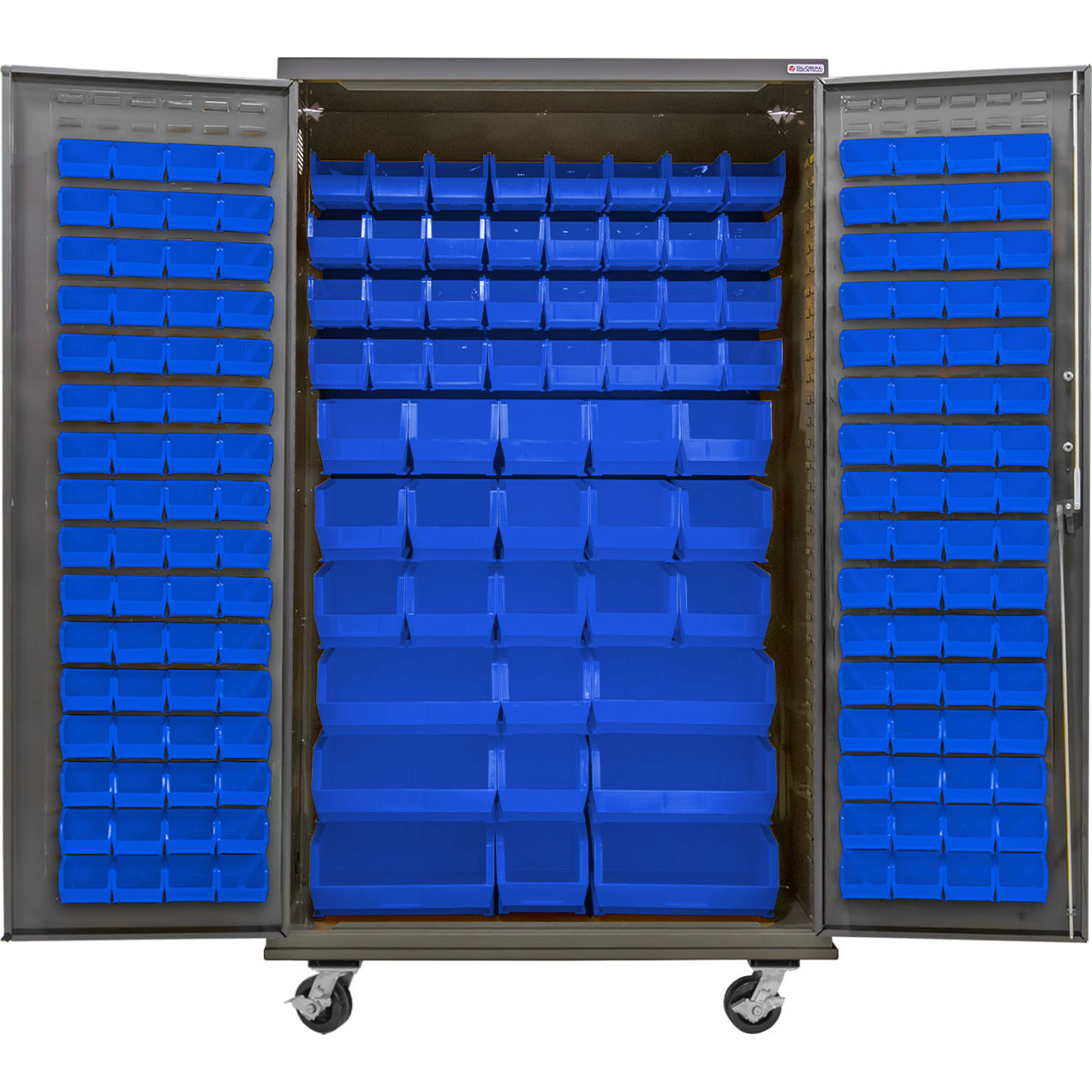E-Locking Configurable Mobile Pegboard Cabinet, 48"W x 24"D x 85"H, 66 Blue Bins