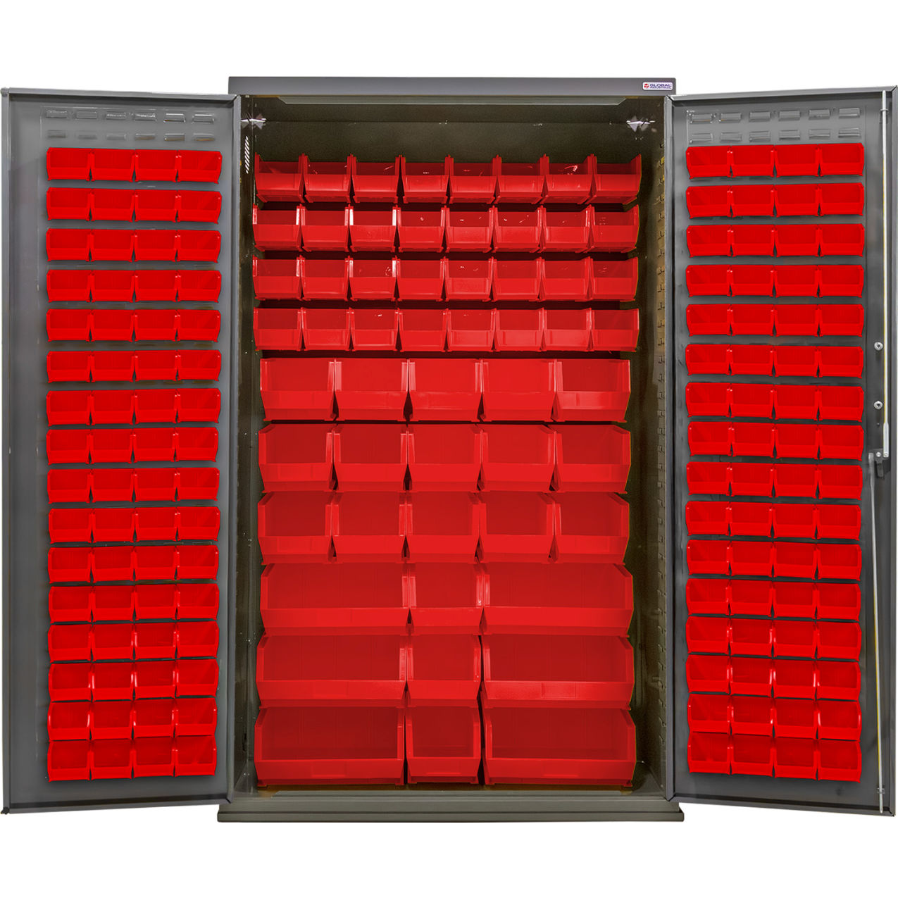 E-Locking Configurable Pegboard Cabinet, 48"W x 24"D x 78"H, 66 Red Bins