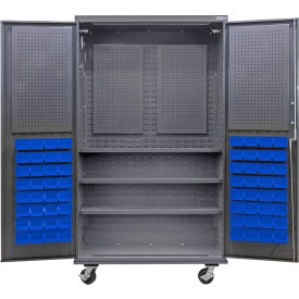 E-Locking Configurable Mobile Pegboard Cabinet, 48x24x85, 3 Shelves, 72 Blue Bins