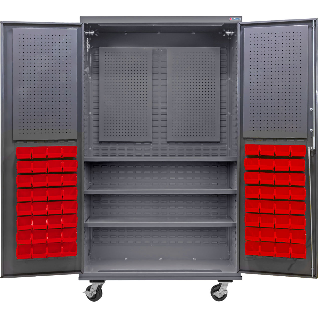 E-Locking Configurable Mobile Pegboard Cabinet, 48x24x85, 3 Shelves, 72 Red Bins