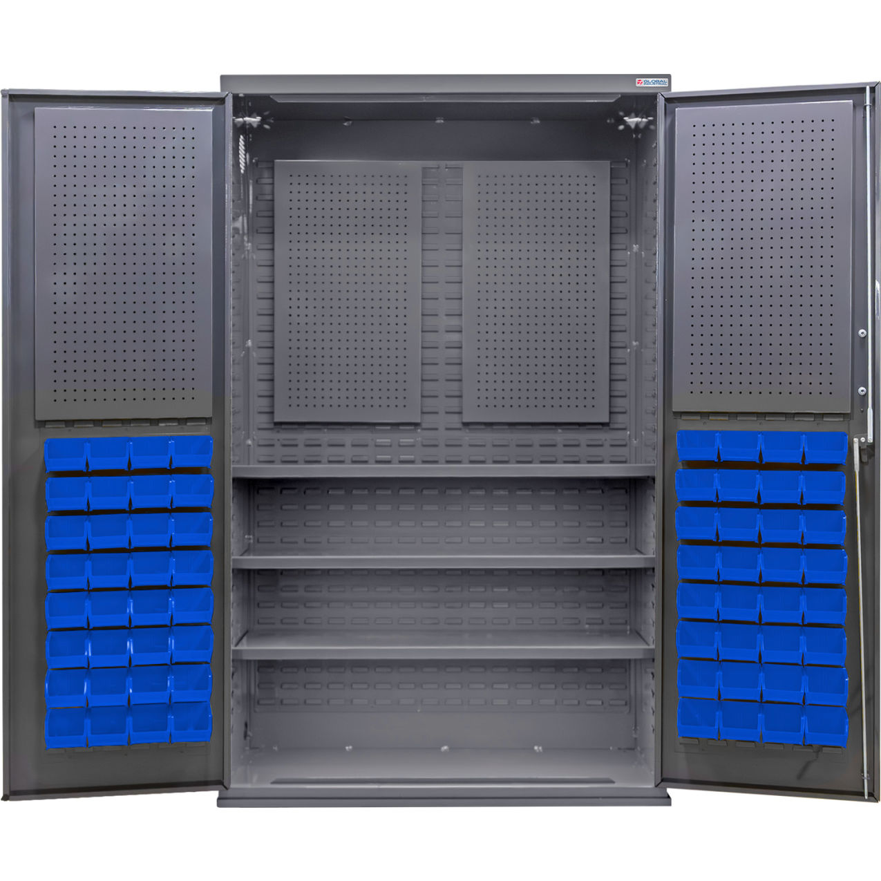 E-Locking Configurable Pegboard Cabinet, 48"Wx24"Dx78"H, 3 Shelves, 72 Blue Bins