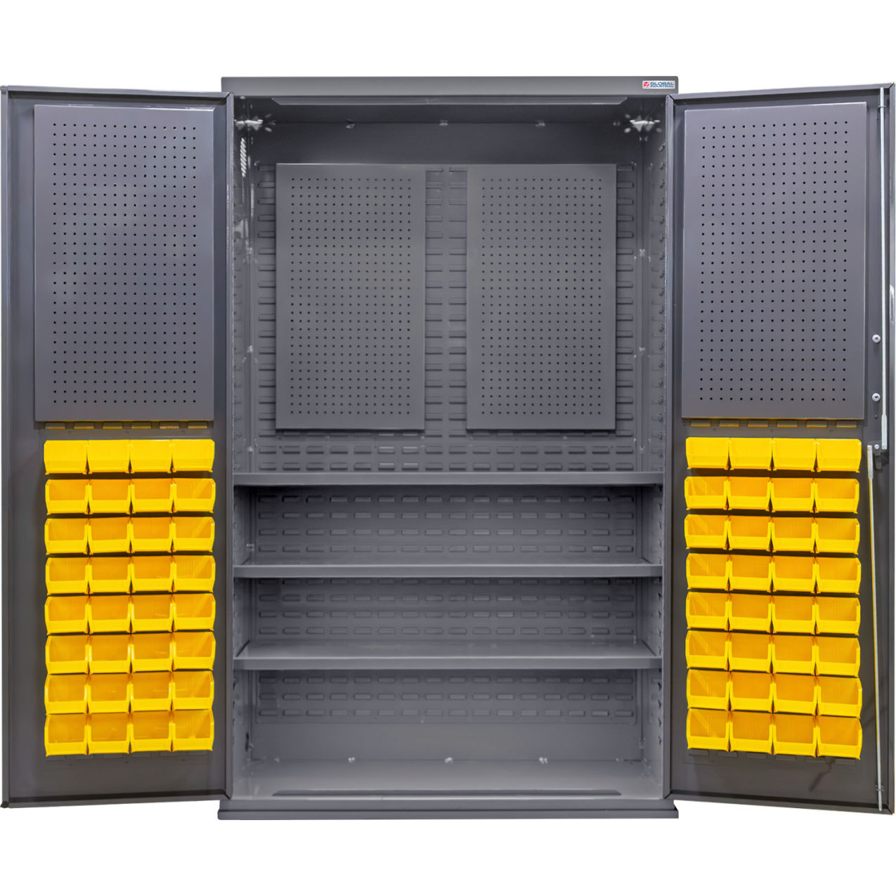 E-Locking Configurable Pegboard Cabinet, 48"Wx24"Dx78"H, 3 Shelves, 72 Yellow Bins