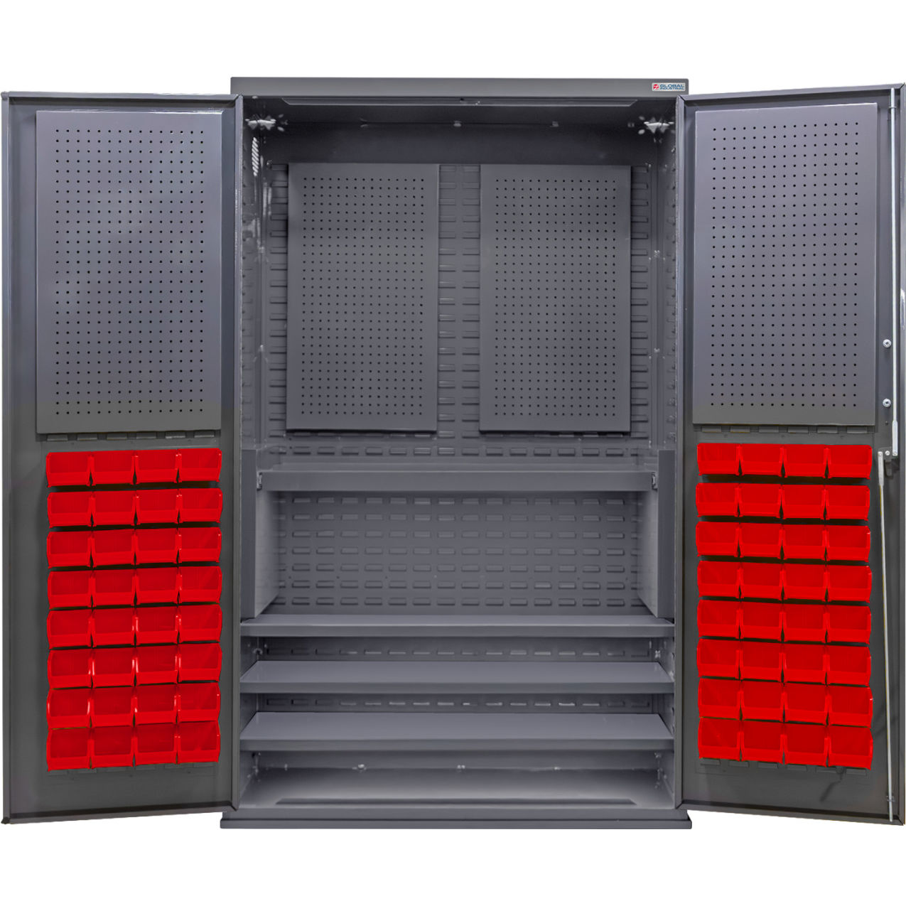 E-Locking Configurable Pegboard Cabinet, 48"Wx24"Dx78"H, 4 Shelves, 72 Red Bins