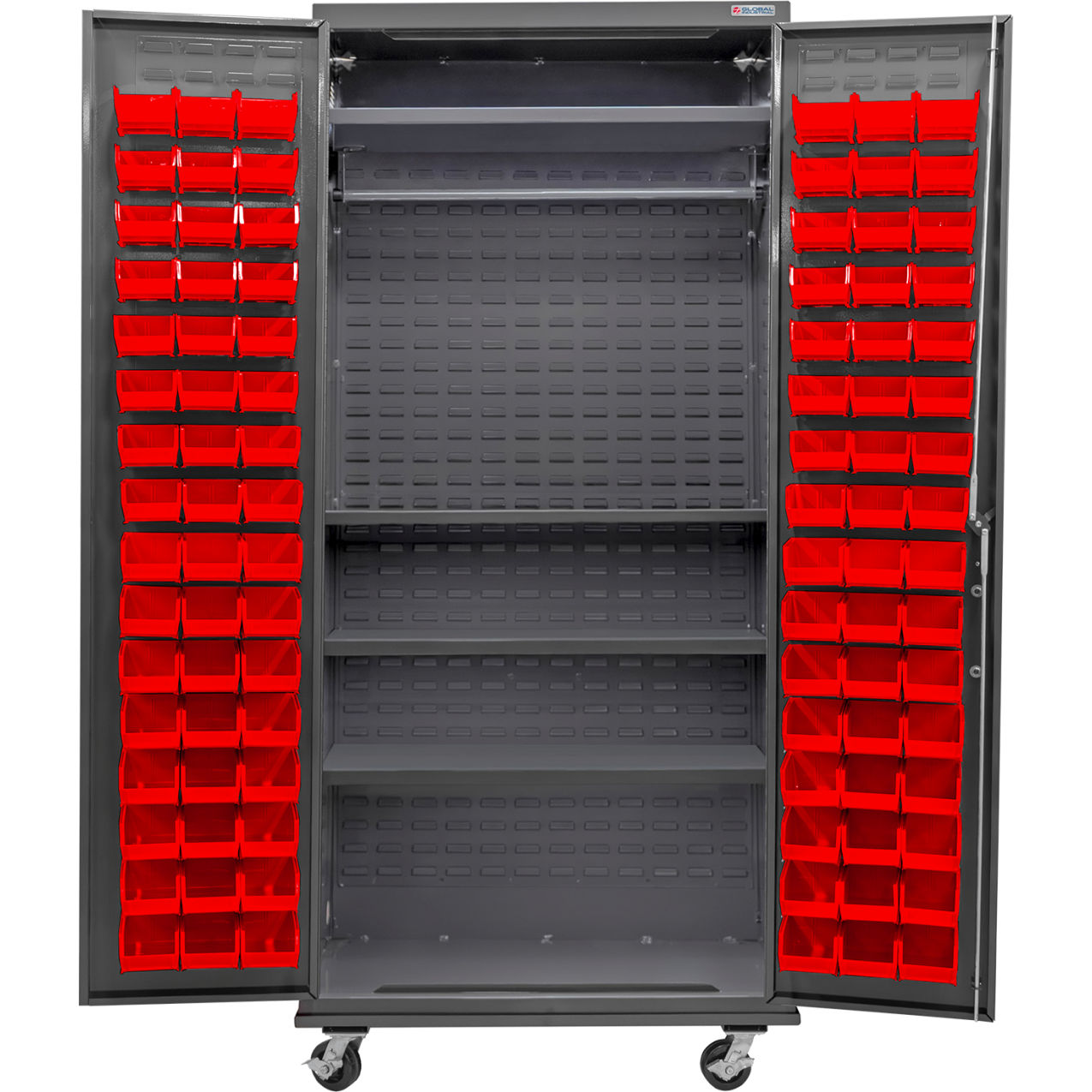 E-Locking Configurable Wardrobe Cabinet 36"x24"x85", 4 Shelves, 96 Red Bins