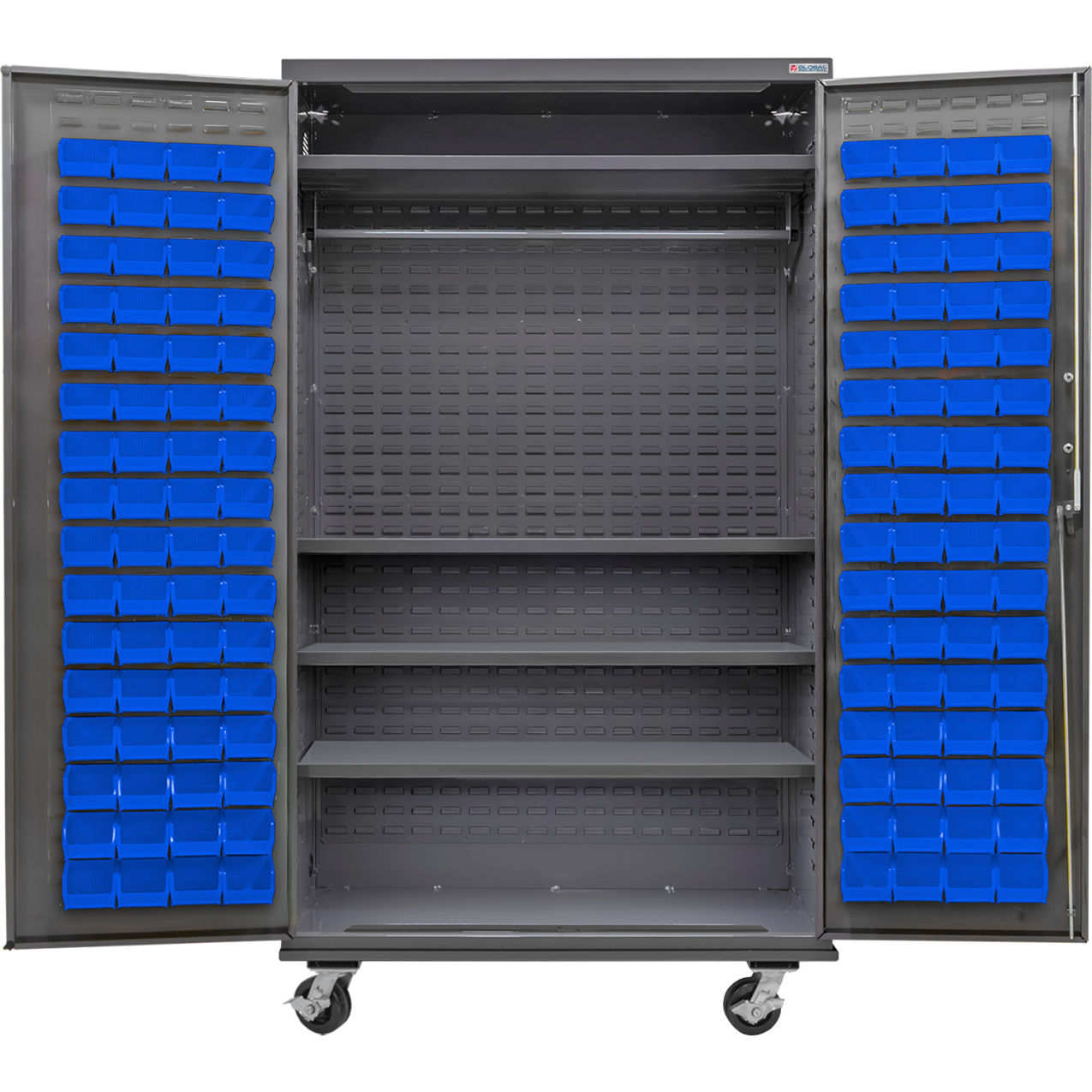 E-Locking Configurable Wardrobe Cabinet 48x24x85, 4 Shelves, 120 Blue Bins