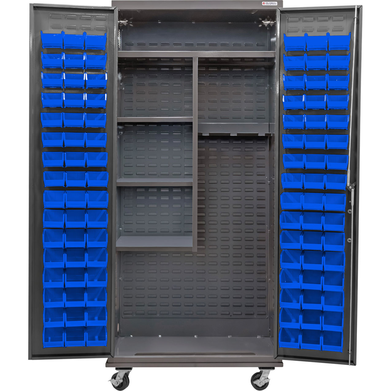 E-Locking Configurable Mobile Janitorial Cabinet, 36"Wx24"Dx85"H, 96 Blue Bins