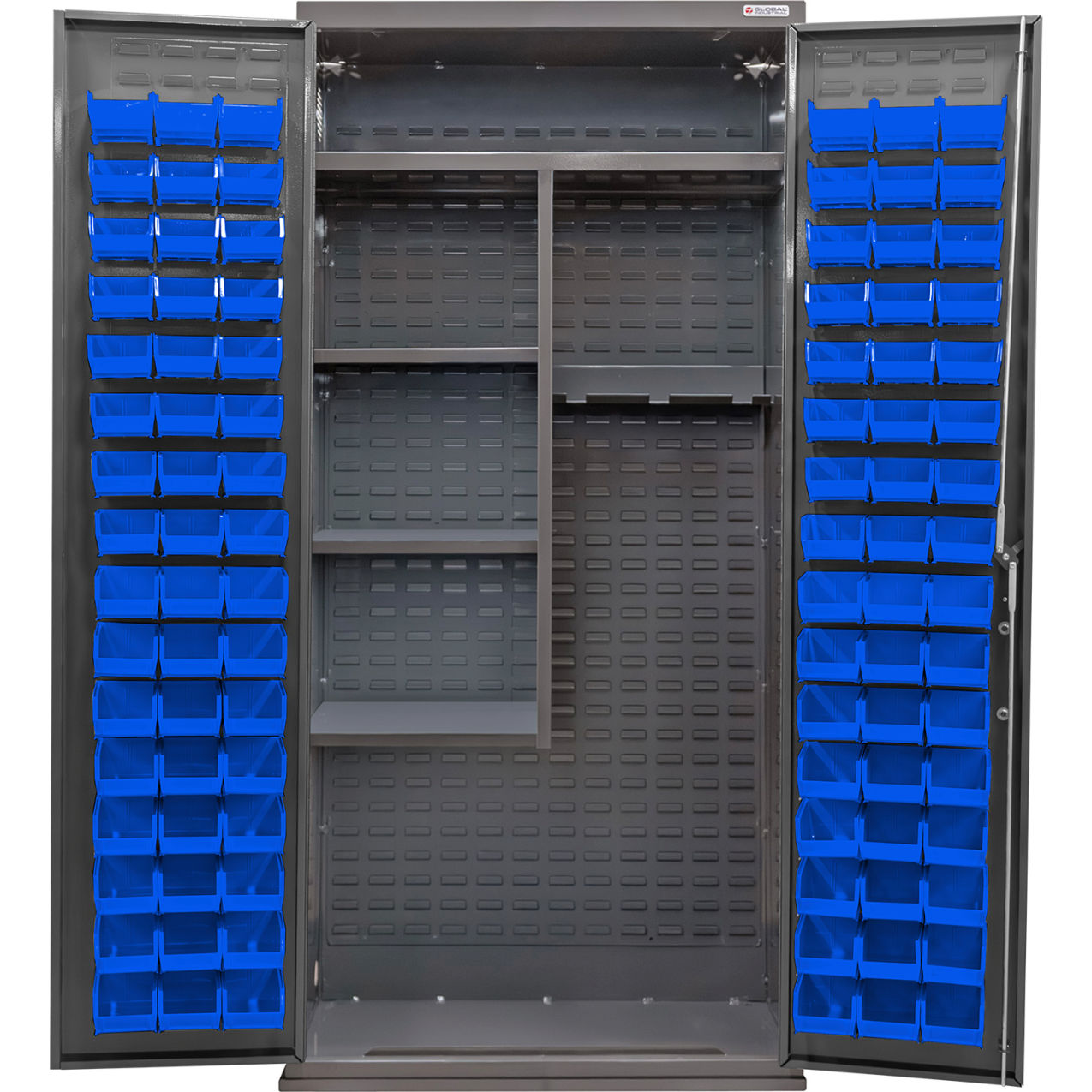 E-Locking Configurable Janitorial Cabinet, 36"x24"x78", 4 Shelves, 96 Blue Bins