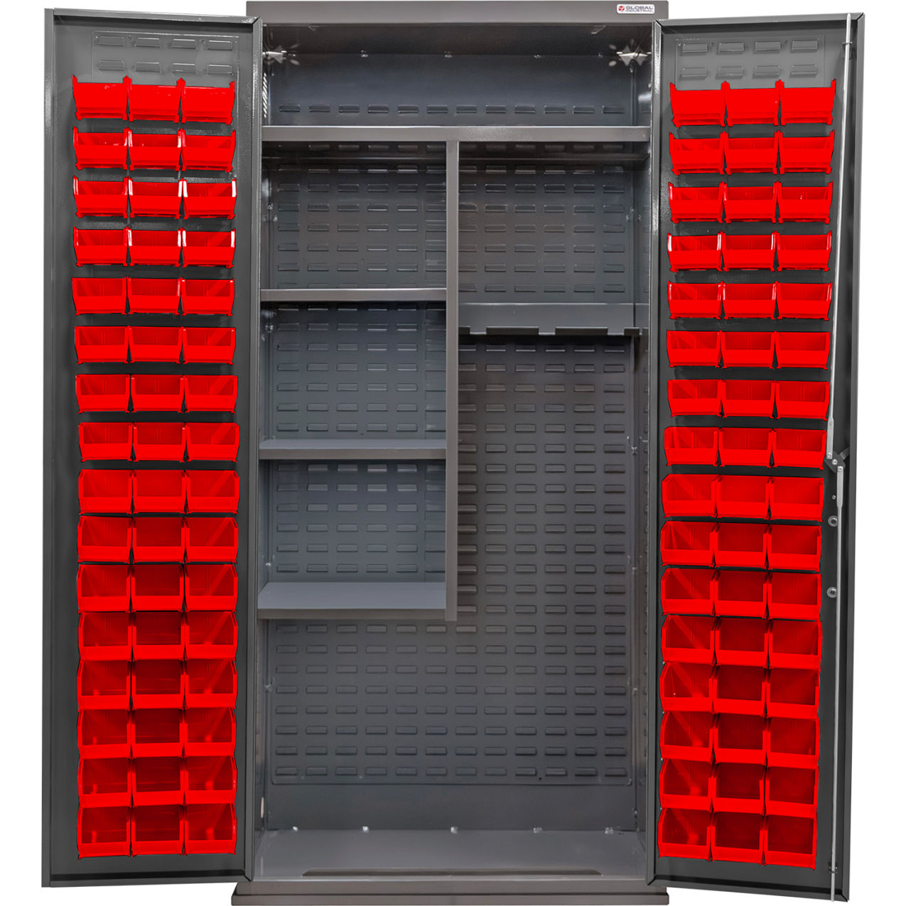 E-Locking Configurable Janitorial Cabinet, 36"Wx24"Dx78"H, 4 Shelves, 96 Red Bins