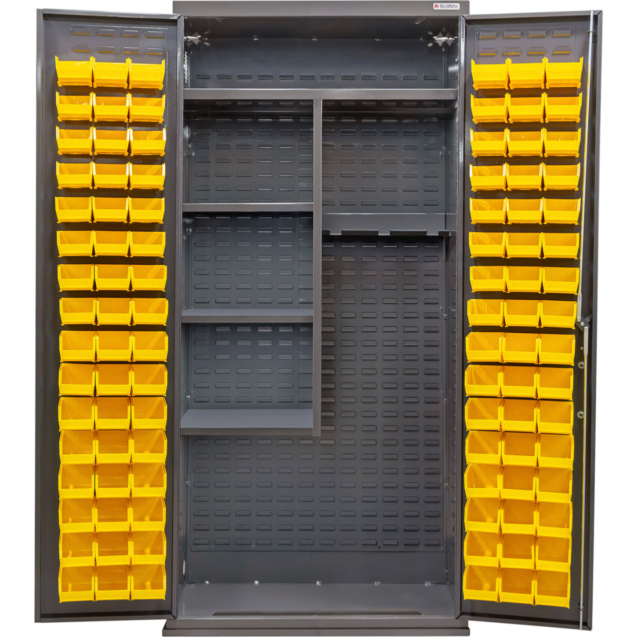 E-Locking Configurable Janitorial Cabinet, 36"Wx24"Dx78"H, 4 Shelves, 96 YLW Bins