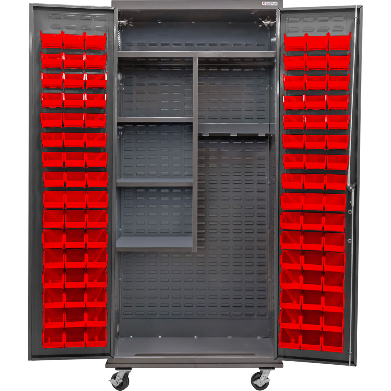 E-Locking Configurable Mobile Janitorial Charging Cabinet, 36x24x85, 96 Red Bins