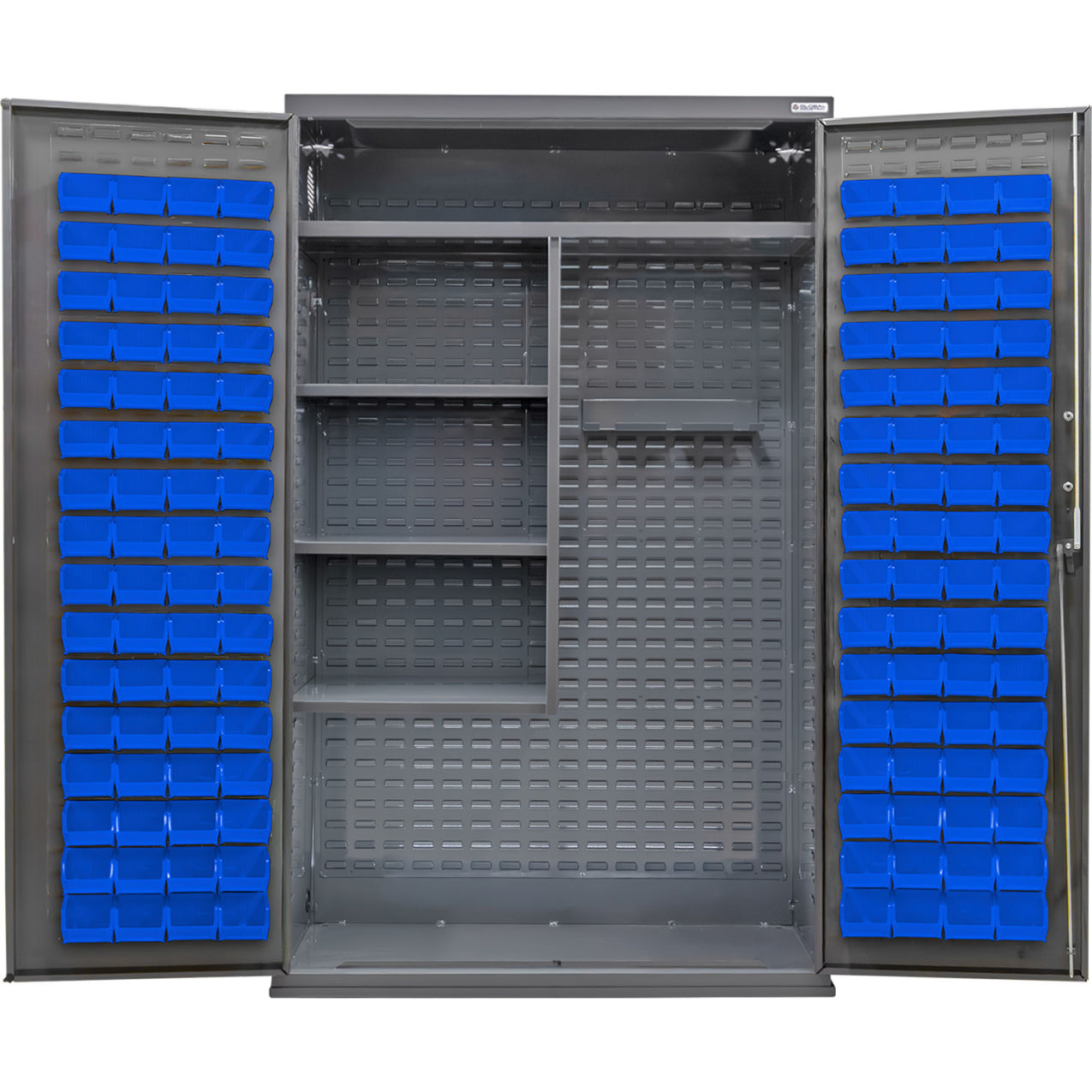E-Locking Configurable Janitorial Cabinet, 48"x24"x78", 4 Shelves, 120 Blue Bins