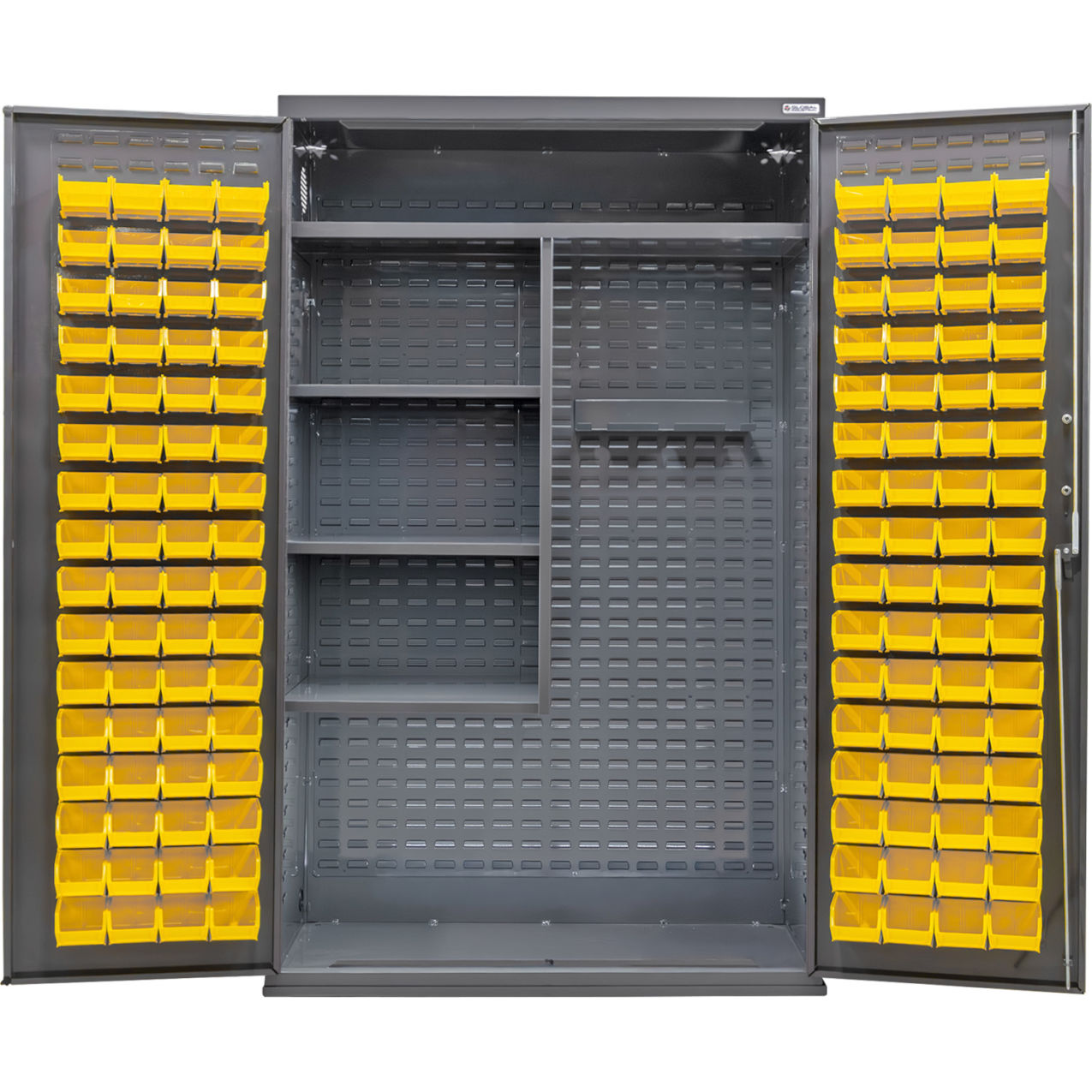 E-Locking Configurable Janitorial Cabinet, 48"x24"x78", 4 Shelves, 120 YLW Bins