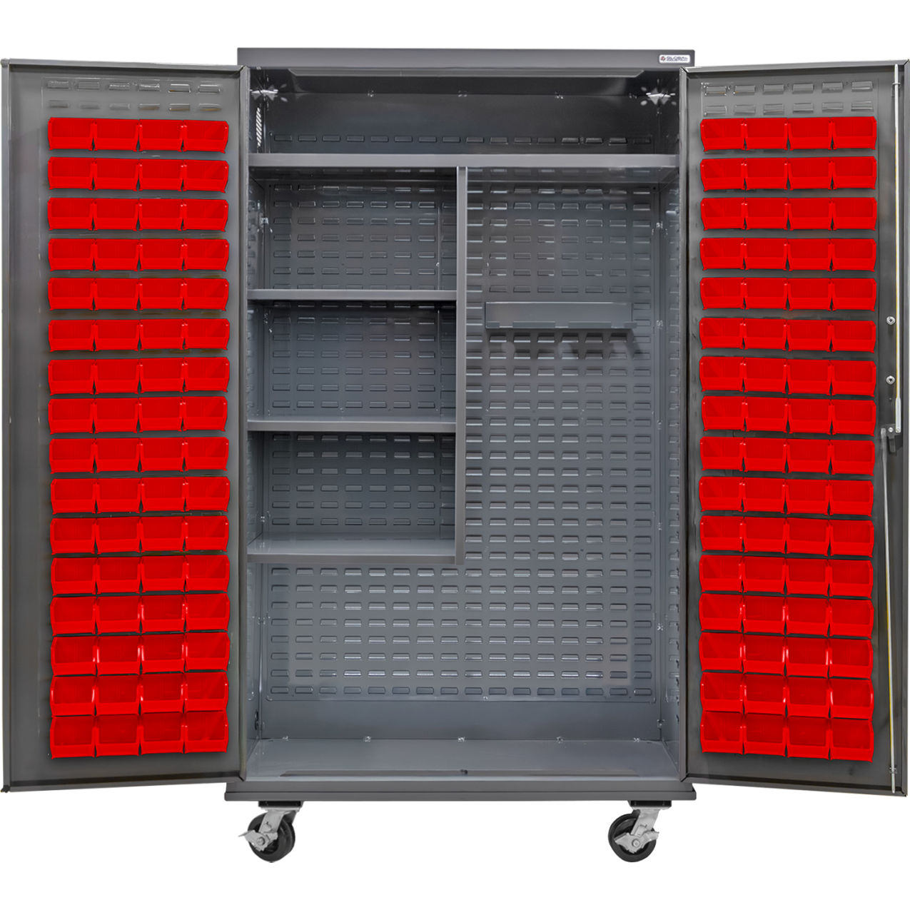 E-Locking Configurable Mobile Janitorial Charging Cabinet, 48x24x85, 120 Red Bins