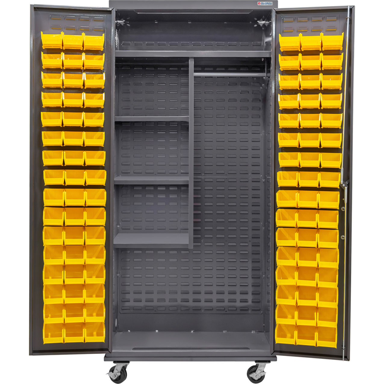 E-Locking Configurable Mobile Combo Cabinet, 36"x24"x85", 4 Shelves, 96 YLW Bins