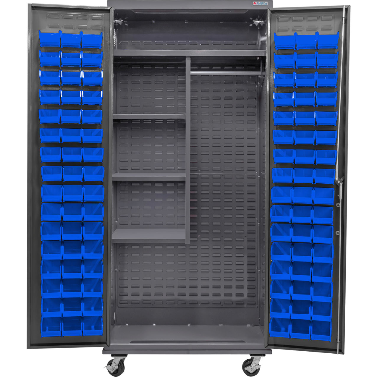 E-Locking Configurable Mobile Combo Charging Cabinet, 36"x24"x85", 96 Blue Bins