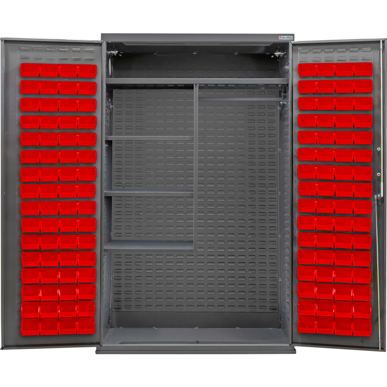 E-Locking Configurable Combination Cabinet, 48"x24"x78", 4 Shelves, 120 Red Bins