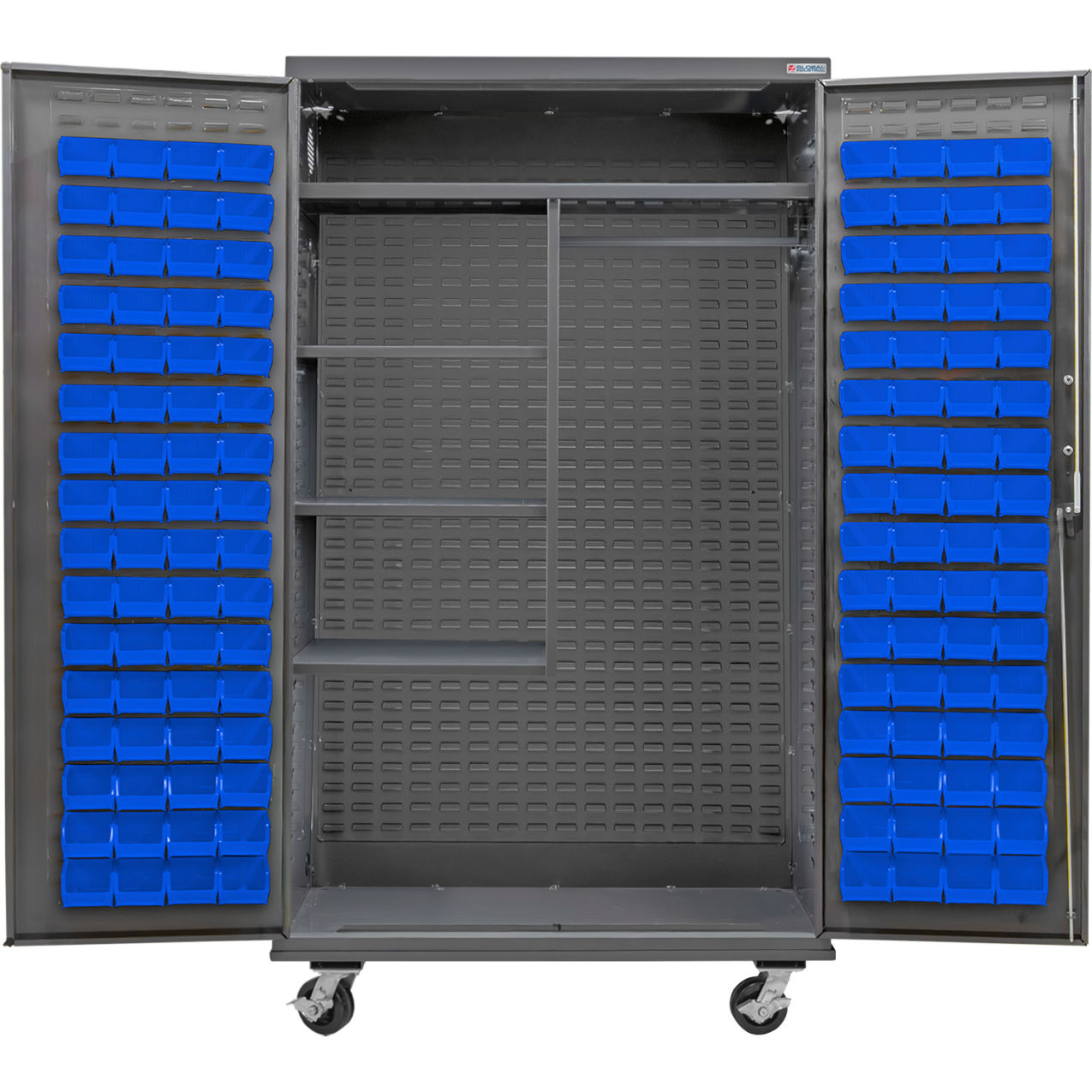 E-Locking Configurable Mobile Combo Charging Cabinet, 48"x24"x85", 120 Blue Bins