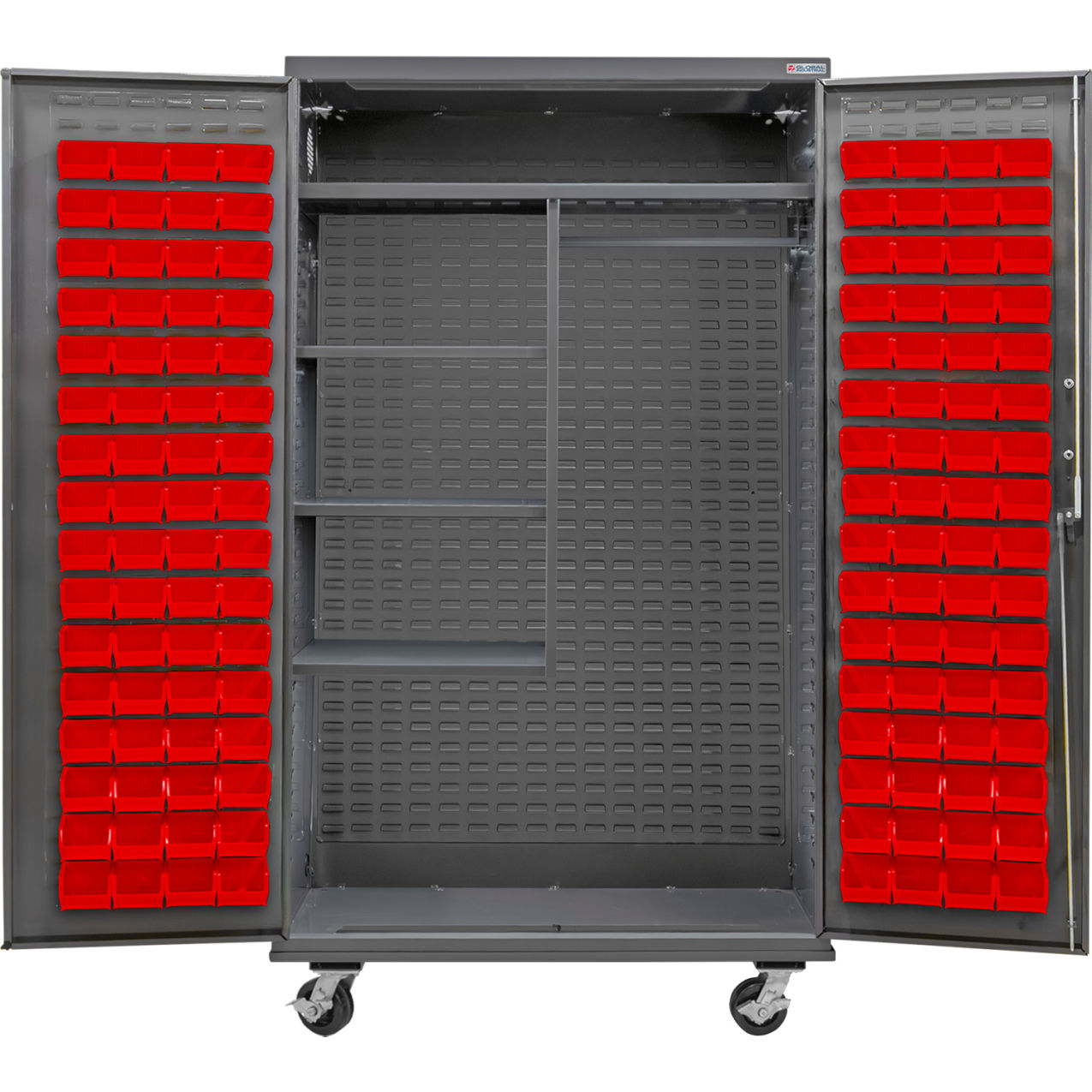 E-Locking Configurable Mobile Combo Charging Cabinet, 48"x24"x85", 120 Red Bins