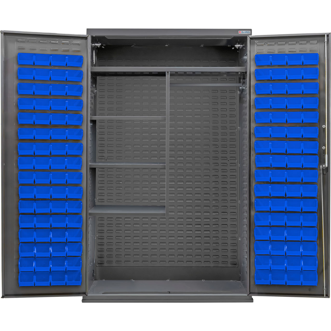E-Locking Configurable Combo Charging Cabinet, 48x24x78, 4 Shelves, 120 Blue Bins
