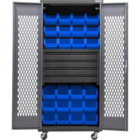 Configurable Ventilated Mobile Bin Cabinet, 36"x24"x85", 4 Drawers, 24 Blue Bins