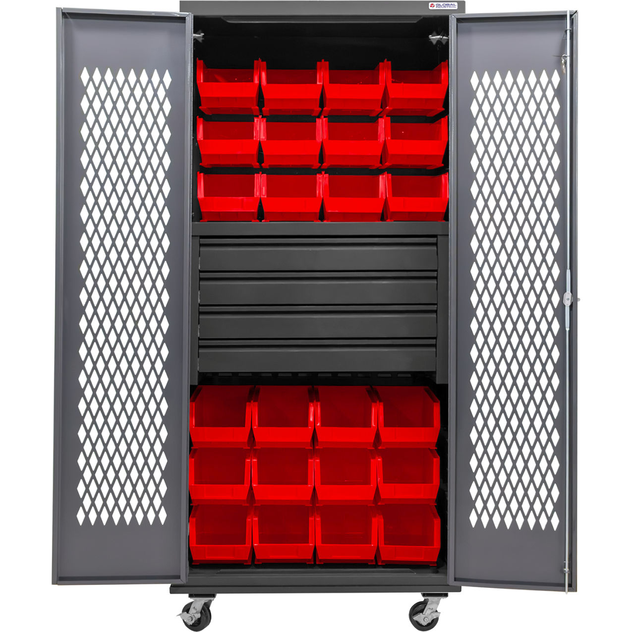 Configurable Ventilated Mobile Bin Cabinet, 36"Wx24"Dx85"H, 4 Drawers, 24 RD Bins