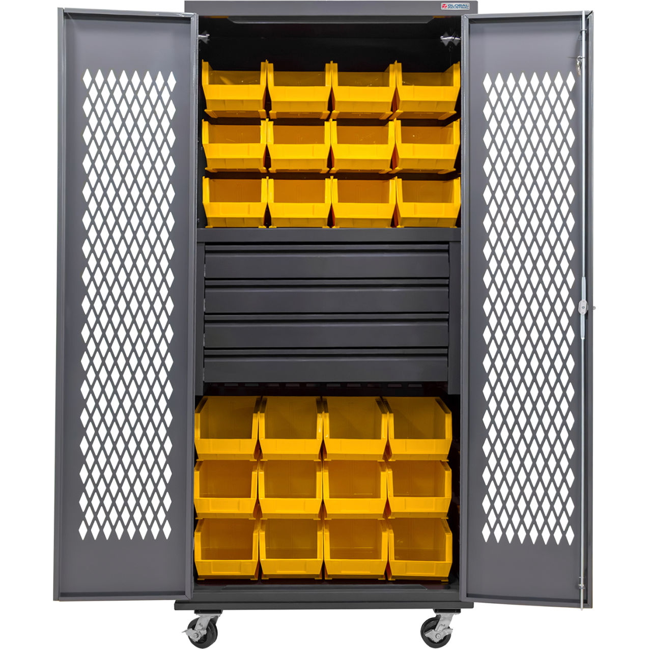 Configurable Ventilated Mobile Bin Cabinet, 36"Wx24"Dx85"H, 4 Drawers, 24 YL Bins