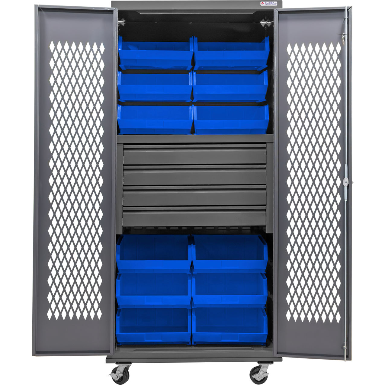 Configurable Ventilated Mobile Bin Cabinet, 36x24x85, 4 Drawers, 12 Blue Bins