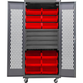 Configurable Ventilated Mobile Bin Cabinet, 36x24x85, 4 Drawers, 12 Red Bins