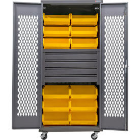 Configurable Ventilated Mobile Bin Cabinet, 36x24x85, 4 Drawers, 12 Yellow Bins