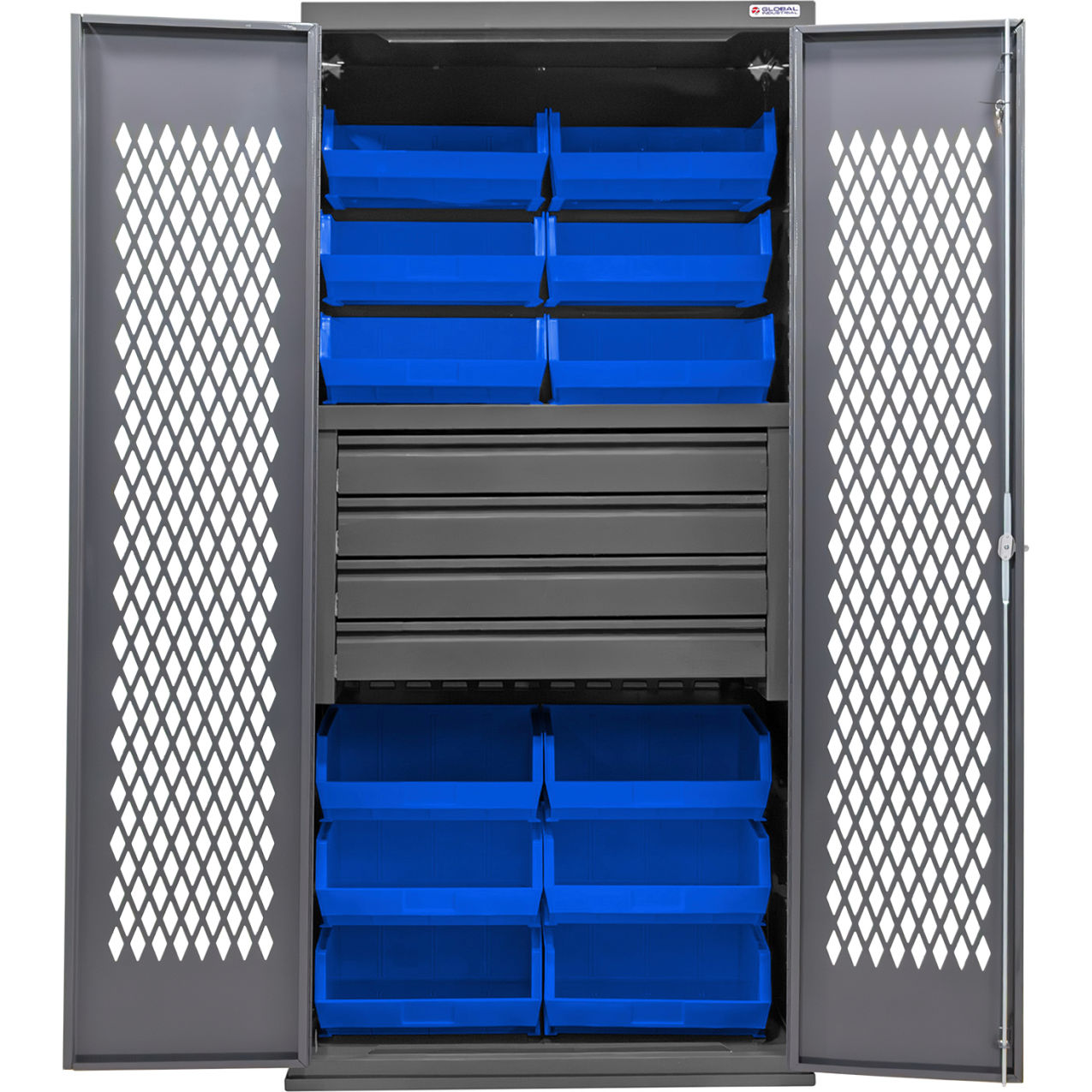 Configurable Ventilated Drawer Cabinet, 36"x24"x78", 4 Drawers, 12 Blue Bins