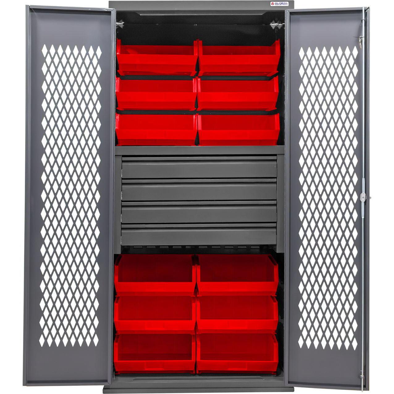 Configurable Ventilated Drawer Cabinet, 36"Wx24"Dx78"H, 4 Drawers, 12 Red Bins